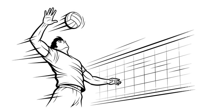 Male volleyball player spiking the ball powerfully over the net with dynamic motion in a bright studio setting.