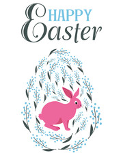 An Easter egg with a painted Easter bunny and floral designs. Kids egg games. He is risen, Happy Easter