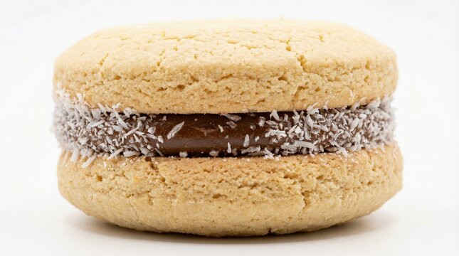 Alfajor de almidon de maiz filled with dulce de leche and coconut coating