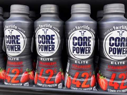 NORTH PORT, FLORIDA - FEBRUARY 9, 2026 : Fairlife Core Power strawberry flavor high protein milk shake drink on display shelf at an American grocery store supermarket.