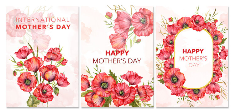 Mothers Day Card. Set of Posters for Mothers Day. Watercolor Flower design for Mothers Day Greeting Cards. Mothers Day background Templates with Floral Watercolor