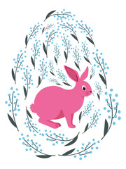 An Easter egg with a painted Easter bunny and floral designs. Kids egg games. He is risen, Happy Easter