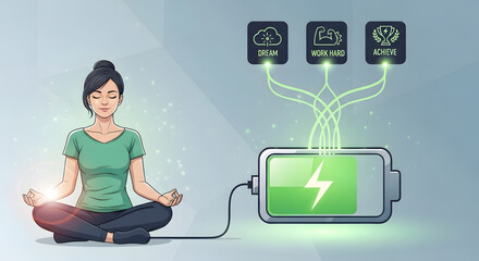 Woman yoga pose battery energy dream work hard achieve concept success goal health wellness art illustration