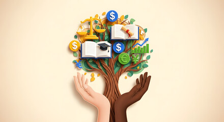 Hand holding tree education finance law justice money coin scale diploma growth investment balance opportunity knowledge foundation
