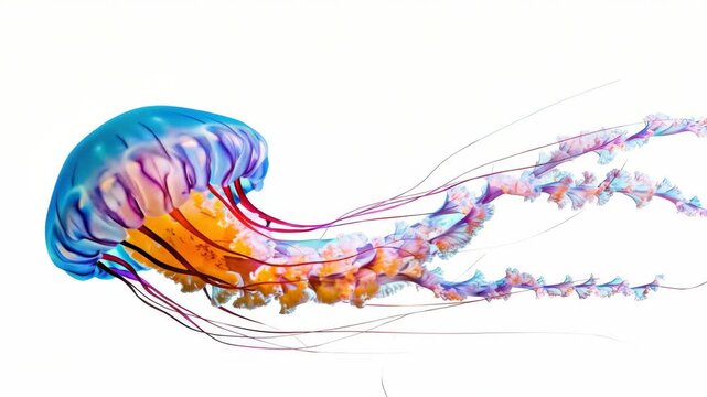 A jellyfish with a blue and orange tail. The tail is long and thin. The jellyfish is in the water