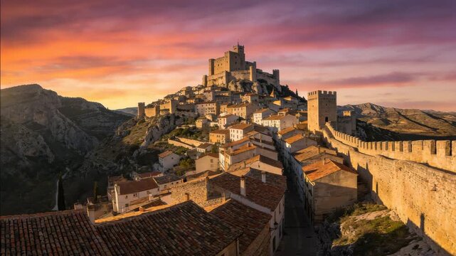 morella valencia spain mountain town dramatic sunset dolly in video