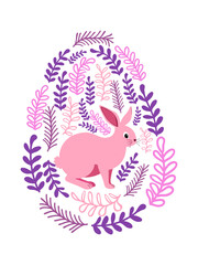 An Easter egg with a painted Easter bunny and floral designs. Kids egg games. He is risen, Happy Easter