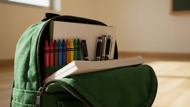 Green School Backpack with Crayons and Pens Ready for Learning in Classroom