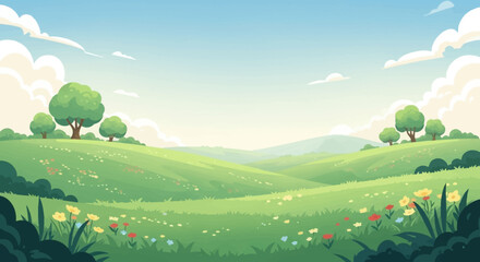 Naklejka premium cartoon landscape with green hills and grass soft colors simple shapes calm nature scene clean composition wide view stock illustration