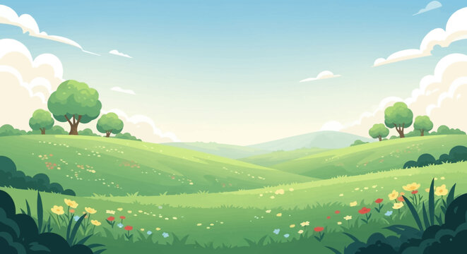 cartoon landscape with green hills and grass soft colors simple shapes calm nature scene clean composition wide view stock illustration