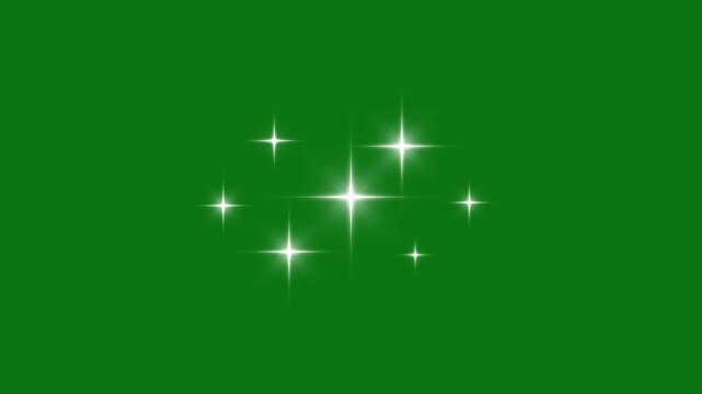 Twinkling stars animation with fast line glitter motion, white cartoon blinking doodle sparkles, flat vector shining twinkle effect, glowing star light on green screen, festive starry overlay video 4k