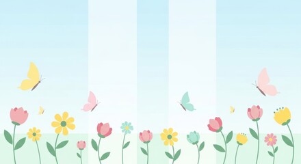 green spring meadow with wildflowers and butterflies, soft sunlight, minimalist composition, pastel color palette, modern flat style