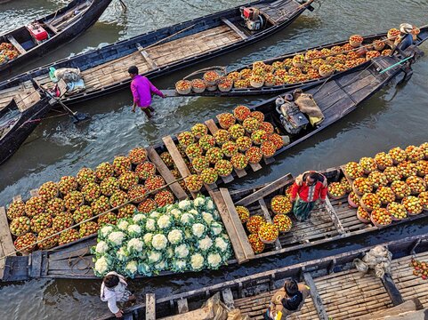 Kanaighat, Bangladesh - 07 February 2026: Aerial view of boats laden with vibrant tomatoes and cauliflowers, a floating market shimmering with the industrious spirit of local vendors..