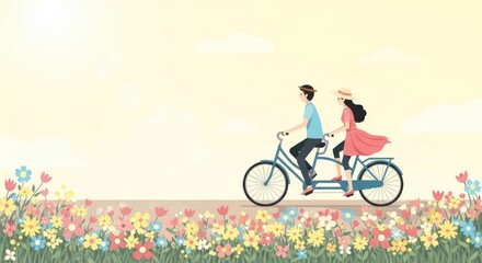Fototapeta premium couple riding bicycle along flower-lined path, soft sunlight, flat minimal illustration, pastel palette