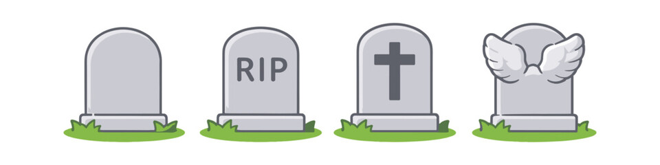 Obraz premium Set of four gravestones with different inscriptions and designs on a grassy background