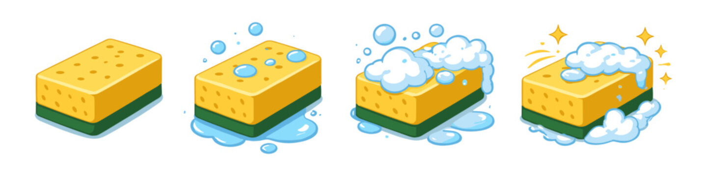 Four stages of a kitchen sponge being used for cleaning with soap and water
