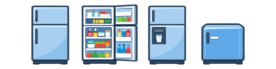 Collection of blue refrigerators in different styles and states of openness