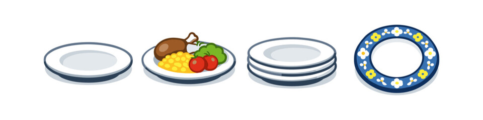 Naklejka premium Set of four cartoon plates, one with food, one empty, a stack, and a decorative one
