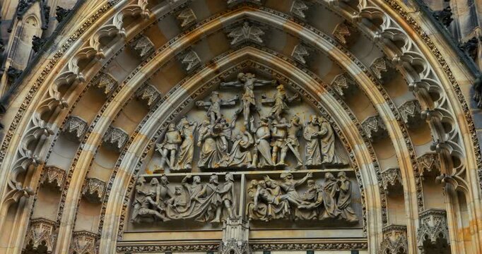 Close-up details of Prague Castle&rsquo;s historic architecture, engravings, and ornaments in the morning light. Blue winter atmosphere highlights the craftsmanship and Gothic-Baroque design.