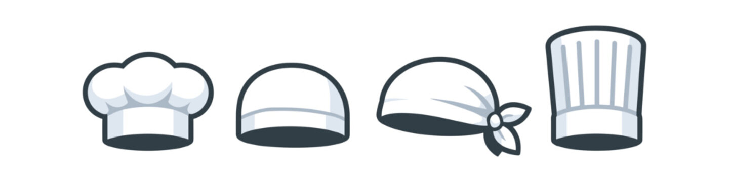 Collection of four different chef hats and headwear icons on a white background