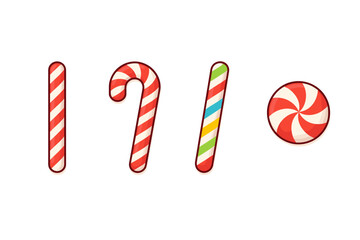 Collection of assorted candy canes and a round lollipop with red and white stripes