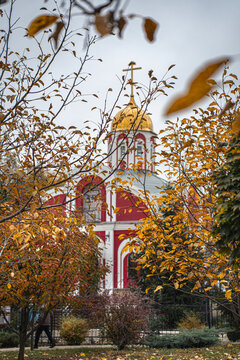 Autumn landscape with temple. Church of the Nativity of John the Baptist, Severny village, Belgorod region, Russia