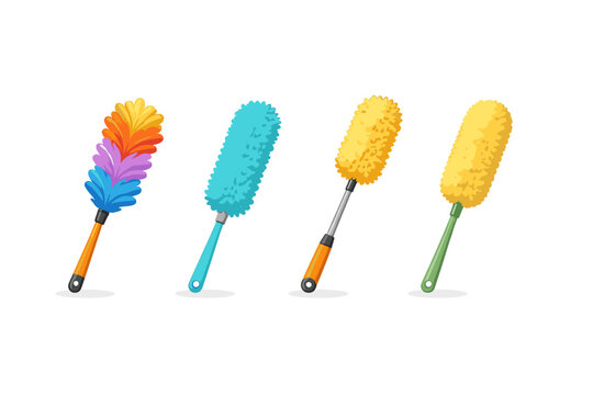 Collection of colorful dusters for cleaning various surfaces and household items