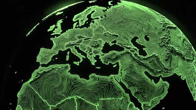 Glowing topographical map of Europe. The green lines detail the land with a black background