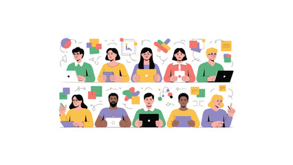 Fototapeta premium Diverse People Working on Laptops in Office Setting with Colorful Background