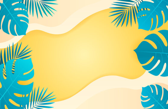 Tropical summer background with monstera and palm leaves on yellow gradient