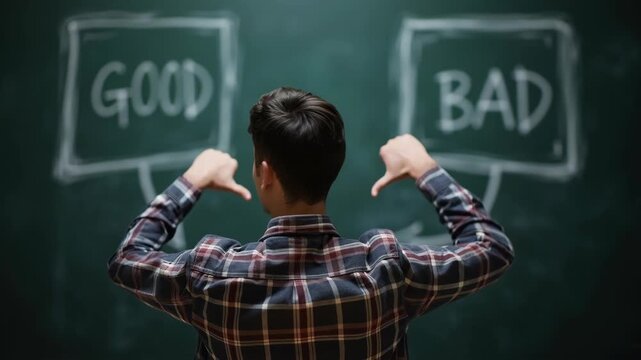 Man ponders difficult choice between good and bad paths drawn on blackboard. He faces two directions thinking hard about decision. This represents a crossroads of life