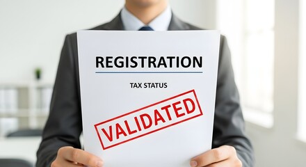 A businessman holding a validated tax registration document in a modern office