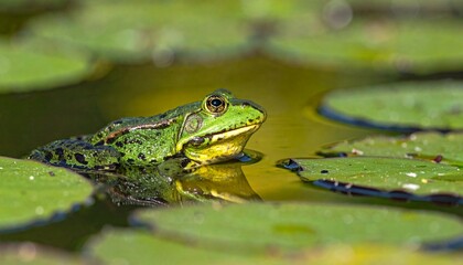 Obraz premium Large frog resting among water lilies on a calm pond, with glossy leaves reflected on the water, symbolizing wildlife, nature balance, and quiet observation.