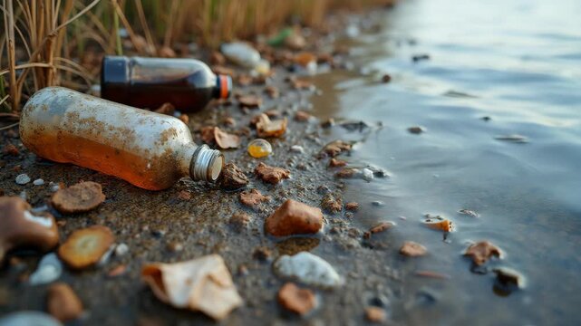 Close-up of plastic debris accumulated at lake shoreline, weathered bottles and fragmented microplastics embedded in once-pristine mud, cloudy water with visible chemical leaching, native reeds