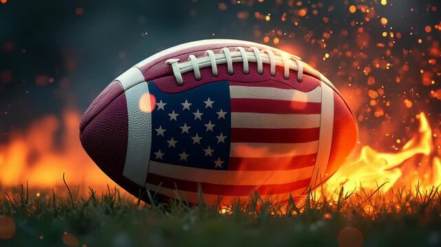American football with usa flag and flames 
