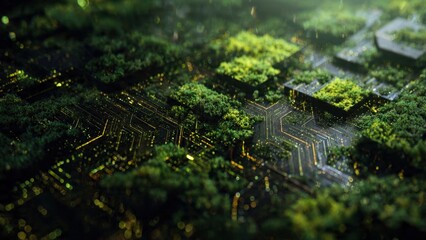 Fototapeta premium Green Tech: Nature Growing on Circuit Board