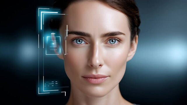Close up portrait of a woman with biometric face scanning interface, futuristic facial recognition system concept, digital security and artificial intelligence technology