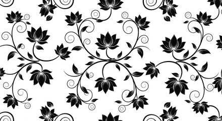 Seamless black and white floral pattern with lotus flowers and swirling vines in traditional oriental style for elegant decorative wallpaper. © Tanzila