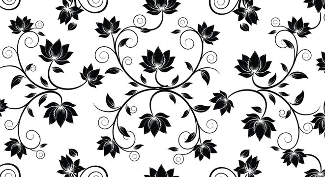 Seamless black and white floral pattern with lotus flowers and swirling vines in traditional oriental style for elegant decorative wallpaper.