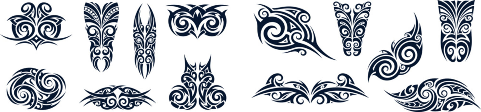 Diverse vector collection of Polynesian inspired tribal patterns featuring traditional oceanic swirls and strong graphic shapes