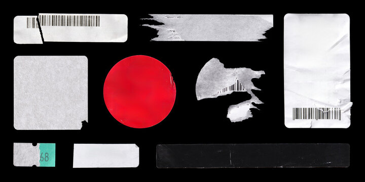 Blank Paper Labels and Torn Stickers Set on Black. Set of blank paper labels, torn barcode stickers, price tags with a crumpled effect, peeled edges, or partially torn. High-quality Photos 