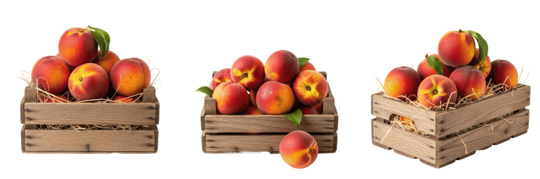 Fresh Ripe Nectarine Set &ndash; Juicy Red Peaches in Rustic Wooden Crate PNG