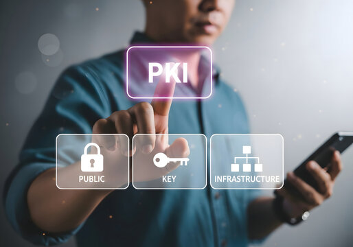 Man interacting with pki interface on screen with public key infrastructure options displayed below