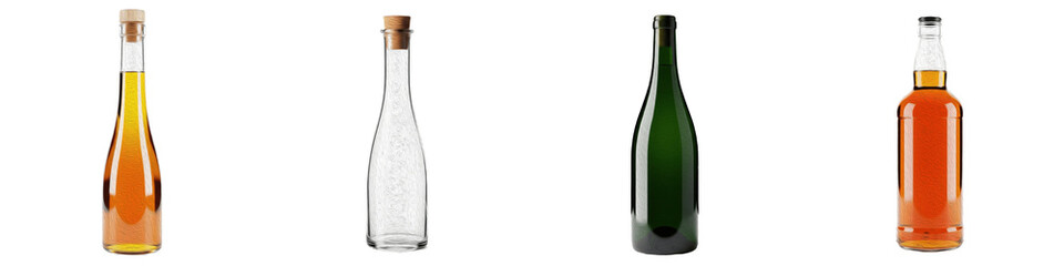 Premium Alcoholic Beverage Bottle Collection, Glass Wine, Whiskey, and Liquor Bottle Set with Cork and Screw Cap, Luxury Beverage Packaging Isolated on White Background PNG