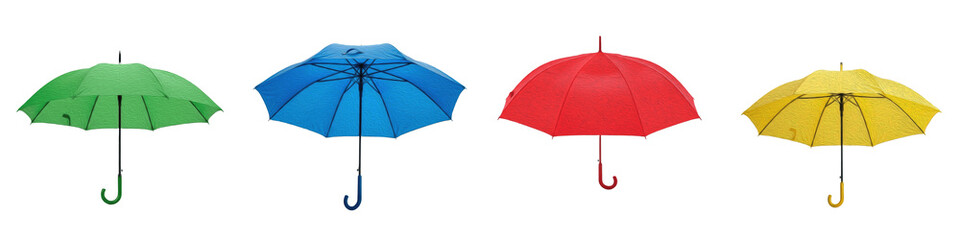 Premium Classic Umbrella Collection, Waterproof Rain Protection Canopy Set in Green, Blue, Red, and Yellow, Vibrant Fashion Weather Accessories Isolated on White Background PNG