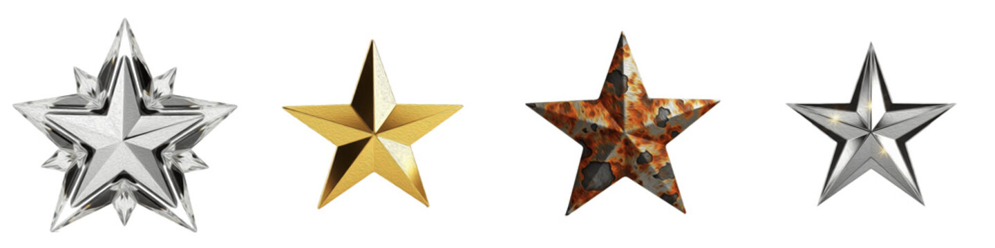 Premium 3D Star Icon Collection, Gold, Silver, Rusty, and Multi-Pointed Star Set, Achievement and Rating Graphic Elements Isolated on White Background PNG