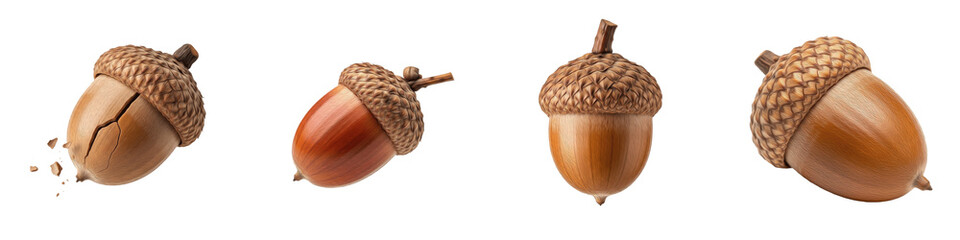 Premium Fresh Brown Acorn Collection, Natural Oak Tree Seed Set with Textured Caps, Autumn Forest Botanical Element Isolated on White Background PNG © Sodani
