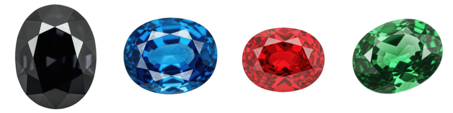 Premium Faceted Gemstone Collection, Oval Cut Ruby, Sapphire, Emerald, and Black Diamond Set, Luxury Jewelry Design Element Isolated on White Background PNG