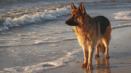 Fototapeta premium A photorealistic portrait of a German Shepherd dog standing on a sandy beach at the water’s edge 
