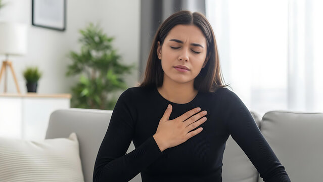 Woman Feeling Chest Pain and Stress While Sitting on Sofa at Home